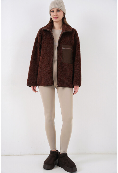55446 Fermuarlı Oversize Peluş Ceket Mont