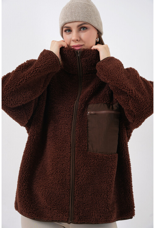 55446 Fermuarlı Oversize Peluş Ceket Mont