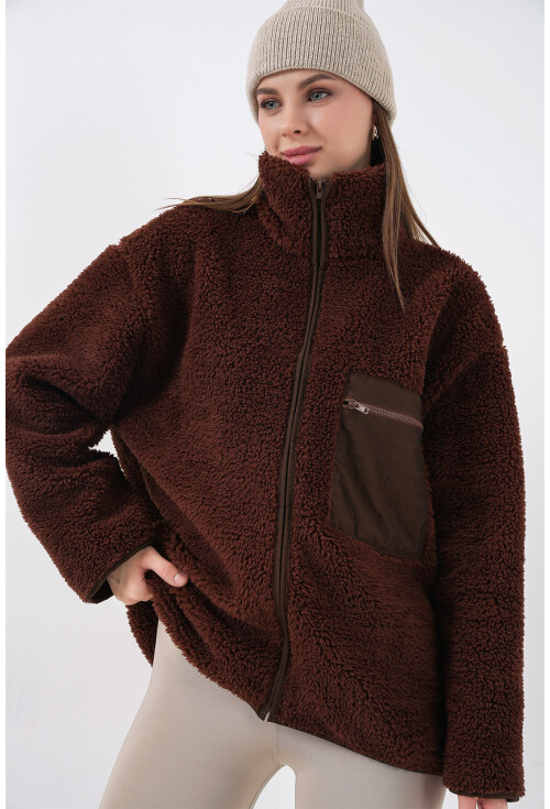 55446 Fermuarlı Oversize Peluş Ceket Mont