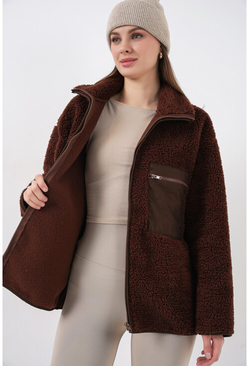 55446 Fermuarlı Oversize Peluş Ceket Mont