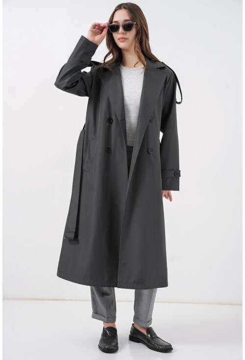 5941 Kruvaze Yaka Uzun Trençkot