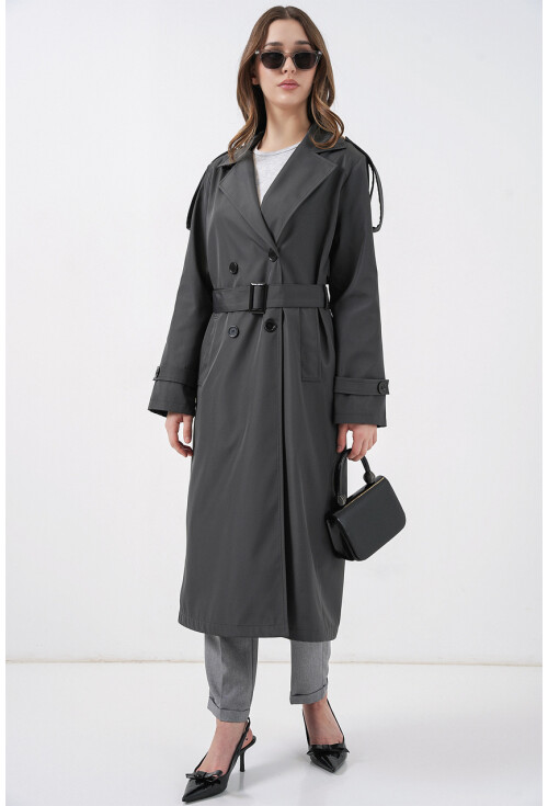 5941 Kruvaze Yaka Uzun Trençkot