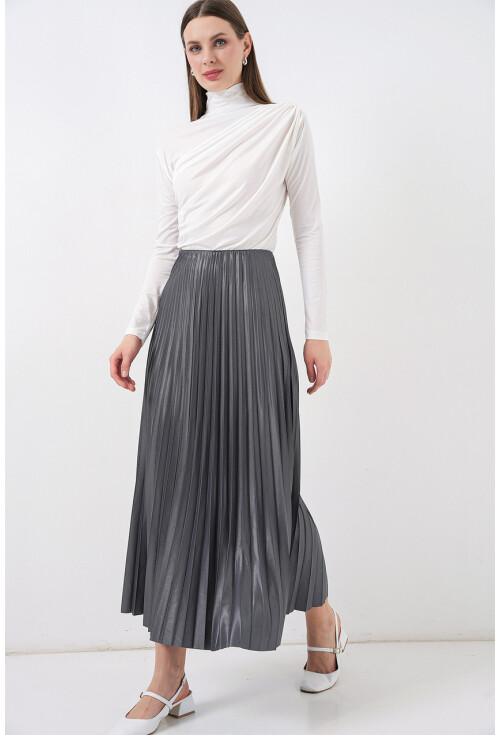 8009 Deri Görünümlü Piliseli Etek