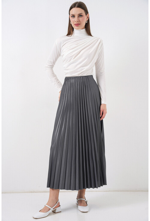 8009 Deri Görünümlü Piliseli Etek