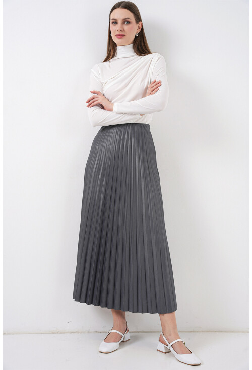 8009 Deri Görünümlü Piliseli Etek