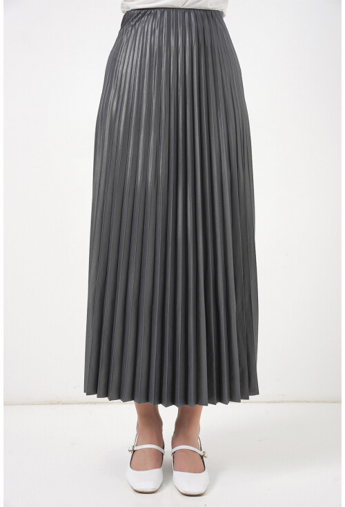 8009 Deri Görünümlü Piliseli Etek