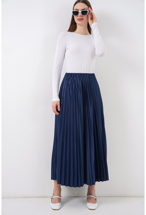 8009 Deri Görünümlü Piliseli Etek