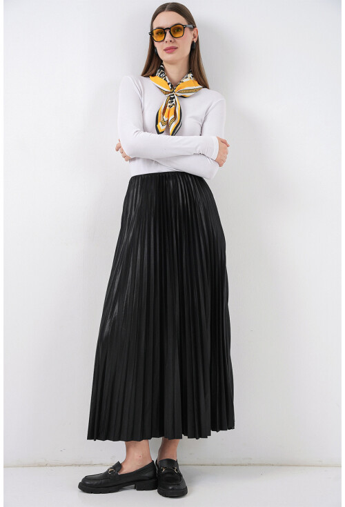 8009 Deri Görünümlü Piliseli Etek