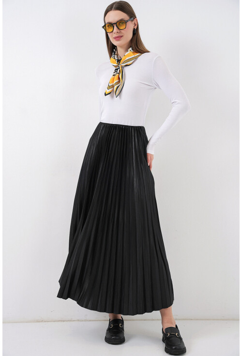 8009 Deri Görünümlü Piliseli Etek