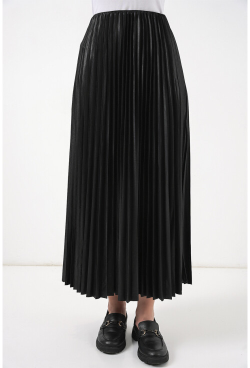 8009 Deri Görünümlü Piliseli Etek