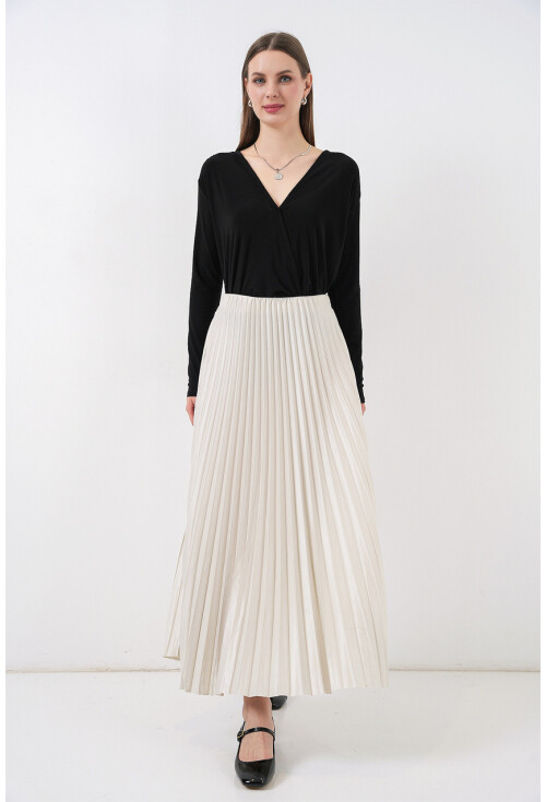 8009 Deri Görünümlü Piliseli Etek