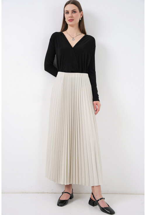 8009 Deri Görünümlü Piliseli Etek