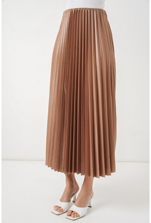 8009 Deri Görünümlü Piliseli Etek