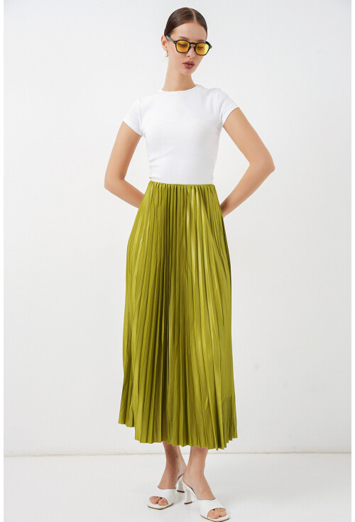 8009 Deri Görünümlü Piliseli Etek