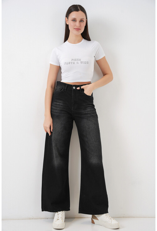 Kadın Bol Paça Yüksek Bel Palazzo Kot Pantolon 6656