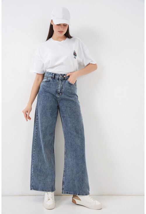 Kadın Bol Paça Yüksek Bel Palazzo Kot Pantolon 6656