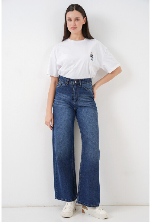 Kadın Bol Paça Yüksek Bel Palazzo Kot Pantolon 6656