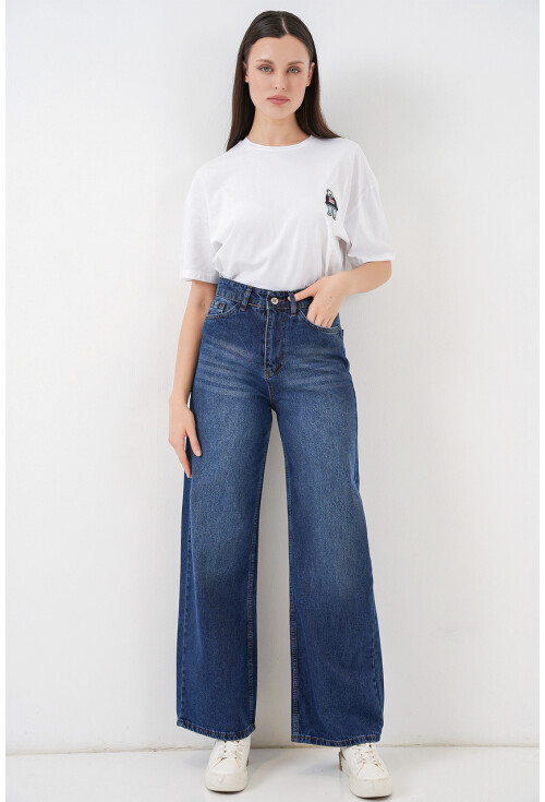 Kadın Bol Paça Yüksek Bel Palazzo Kot Pantolon 6656