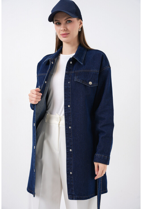 Kadın Boydan Düğmeli Kuşalı Kot Ceket 0740