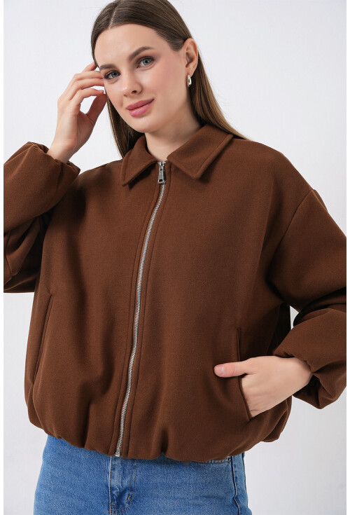 Kadın Büzgülü Oversize Kaşe Ceket 0728