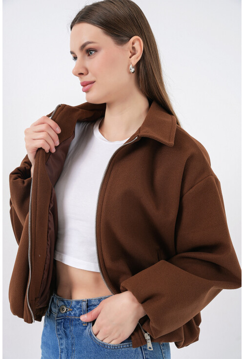 Kadın Büzgülü Oversize Kaşe Ceket 0728