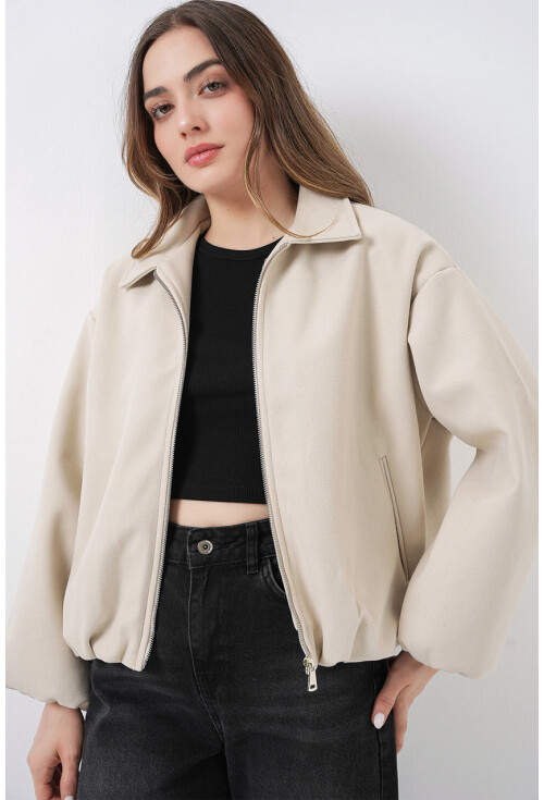 Kadın Büzgülü Oversize Kaşe Ceket 0728