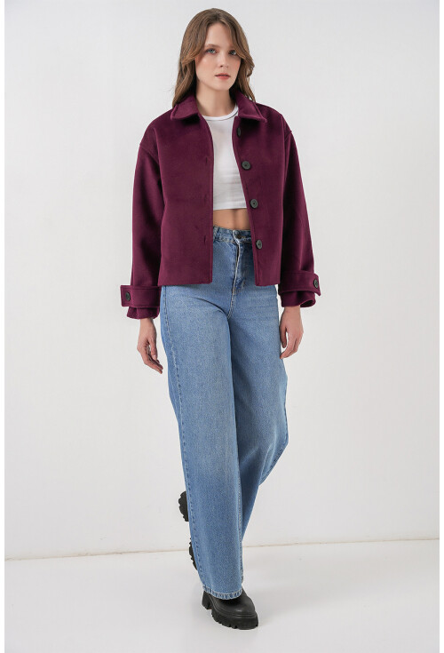 Kadın Cepli Kruvaze Uzun Kollu Kısa Kaşe Ceket 0724