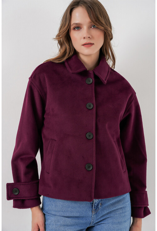 Kadın Cepli Kruvaze Uzun Kollu Kısa Kaşe Ceket 0724