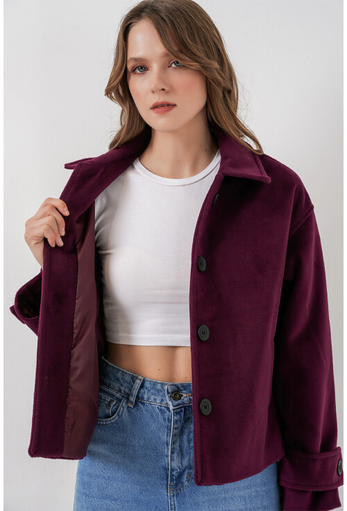 Kadın Cepli Kruvaze Uzun Kollu Kısa Kaşe Ceket 0724