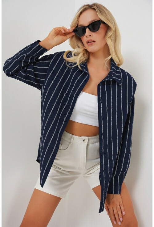 Kadın Çizgili Oversize Gömlek 20293