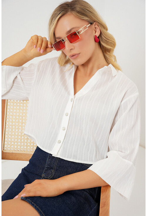 Kadın Çizgili Oversize Kısa Gömlek 20326