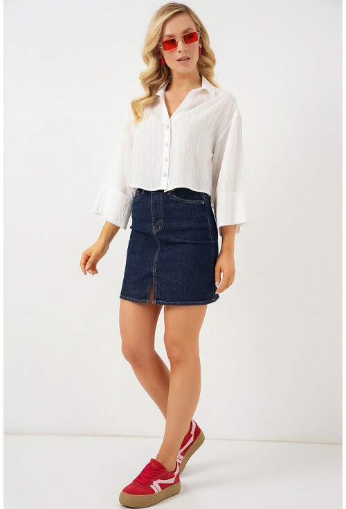 Kadın Çizgili Oversize Kısa Gömlek 20326