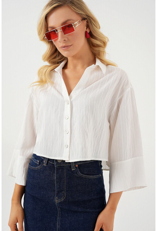 Kadın Çizgili Oversize Kısa Gömlek 20326