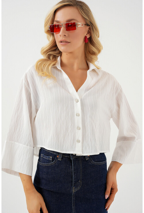 Kadın Çizgili Oversize Kısa Gömlek 20326