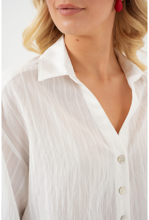 Kadın Çizgili Oversize Kısa Gömlek 20326