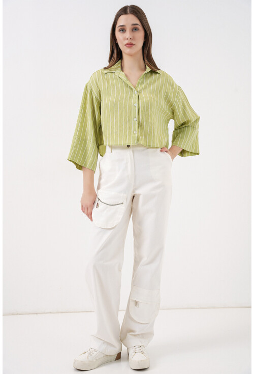Kadın Çizgili Oversize Kısa Gömlek 20326