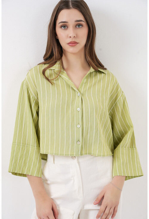 Kadın Çizgili Oversize Kısa Gömlek 20326