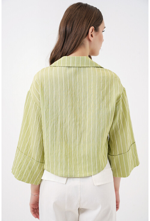 Kadın Çizgili Oversize Kısa Gömlek 20326