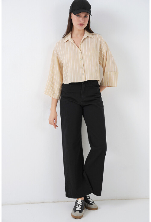 Kadın Çizgili Oversize Kısa Gömlek 20326
