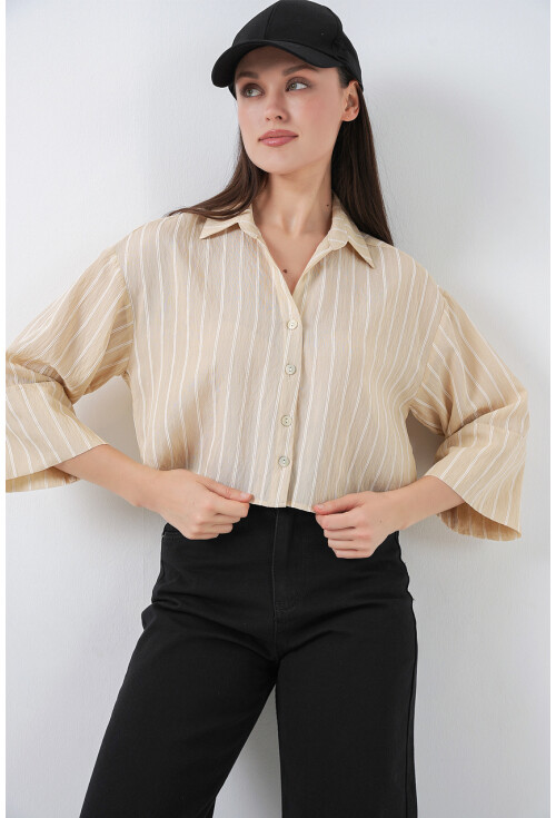 Kadın Çizgili Oversize Kısa Gömlek 20326