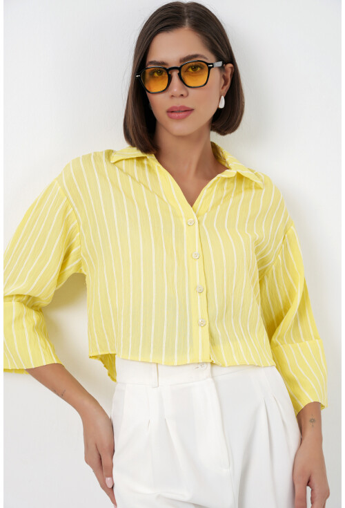 Kadın Çizgili Oversize Kısa Gömlek 20326