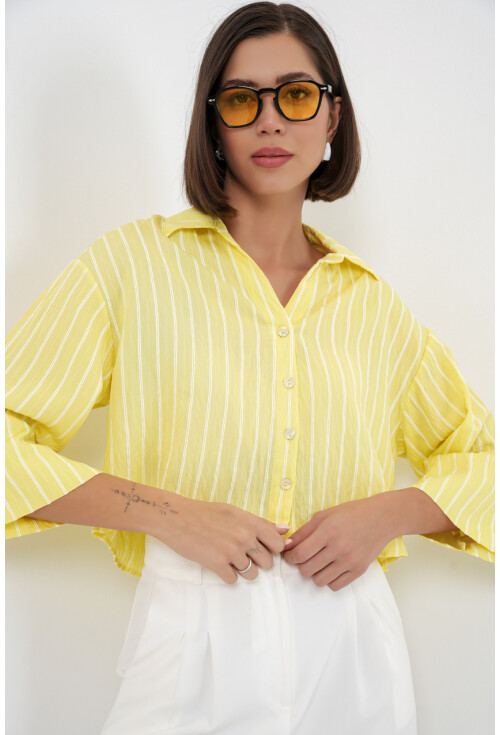 Kadın Çizgili Oversize Kısa Gömlek 20326