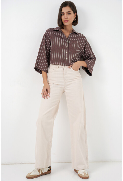 Kadın Çizgili Oversize Kısa Gömlek 20326