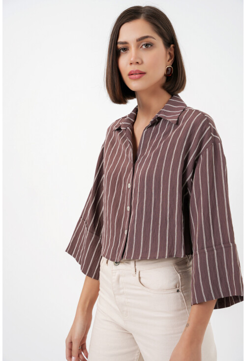 Kadın Çizgili Oversize Kısa Gömlek 20326