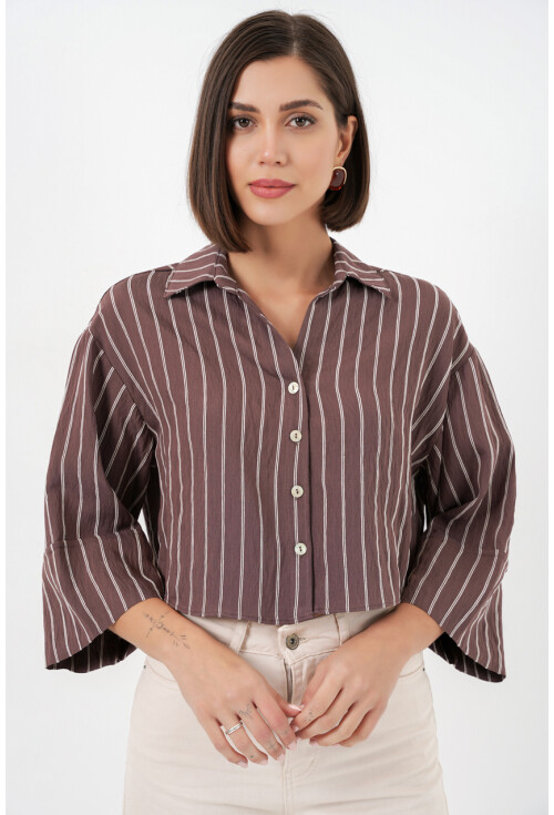 Kadın Çizgili Oversize Kısa Gömlek 20326