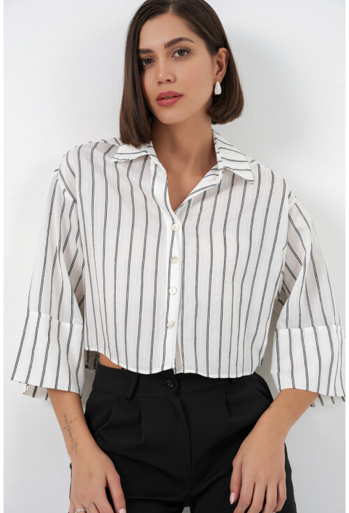Kadın Çizgili Oversize Kısa Gömlek 20326