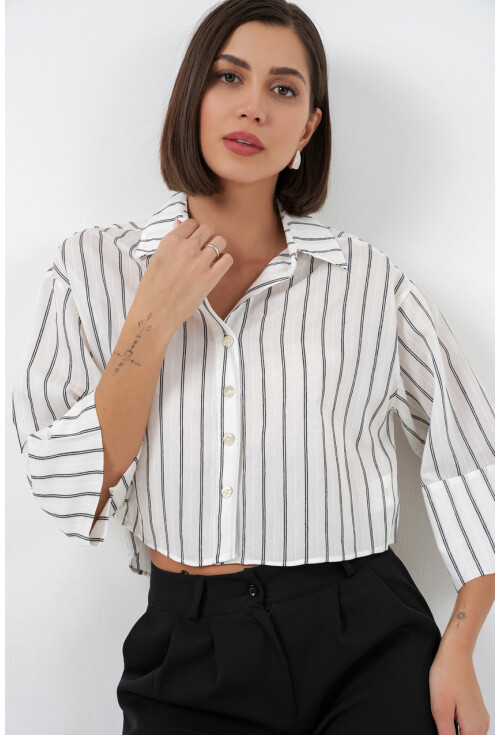 Kadın Çizgili Oversize Kısa Gömlek 20326