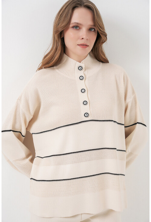 Kadın Çizgili Oversize Triko İkili Takım 15957