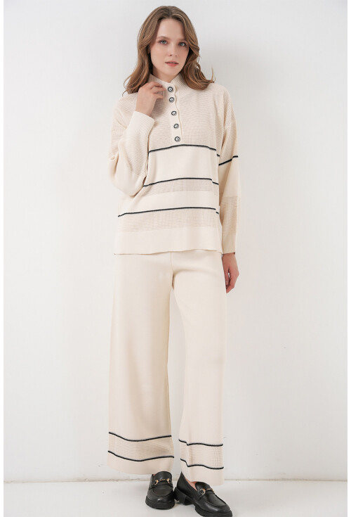 Kadın Çizgili Oversize Triko İkili Takım 15957