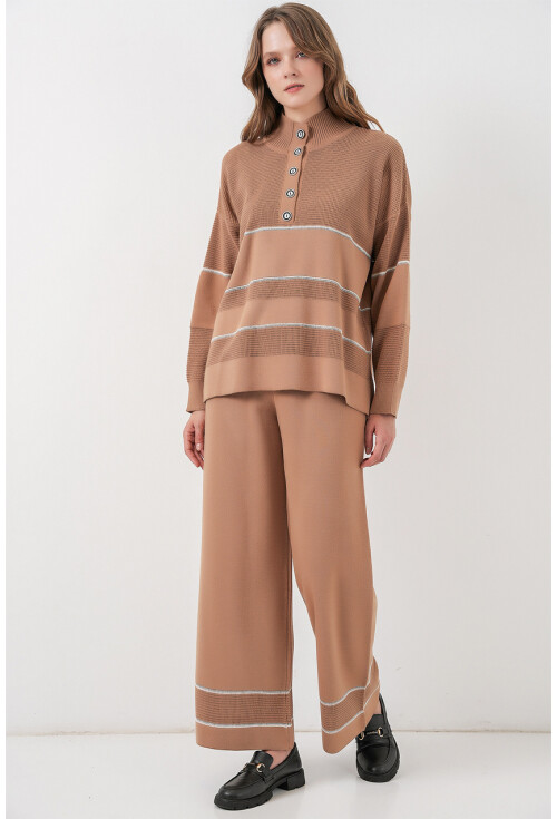 Kadın Çizgili Oversize Triko İkili Takım 15957